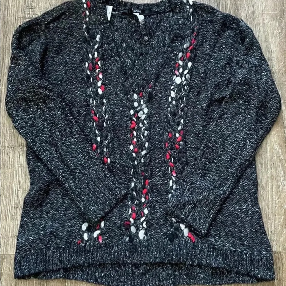 Kensie Womens V Neck Knit Sweater Gray Red Small